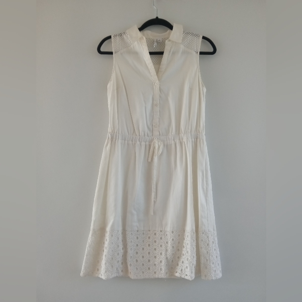 Elle Cream Sleeveless Midi Eyelet Lace Hem Shirt Dress Size XS